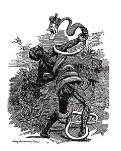 Charge de publicação do século passado: a serpente que vem explorar o continente africano